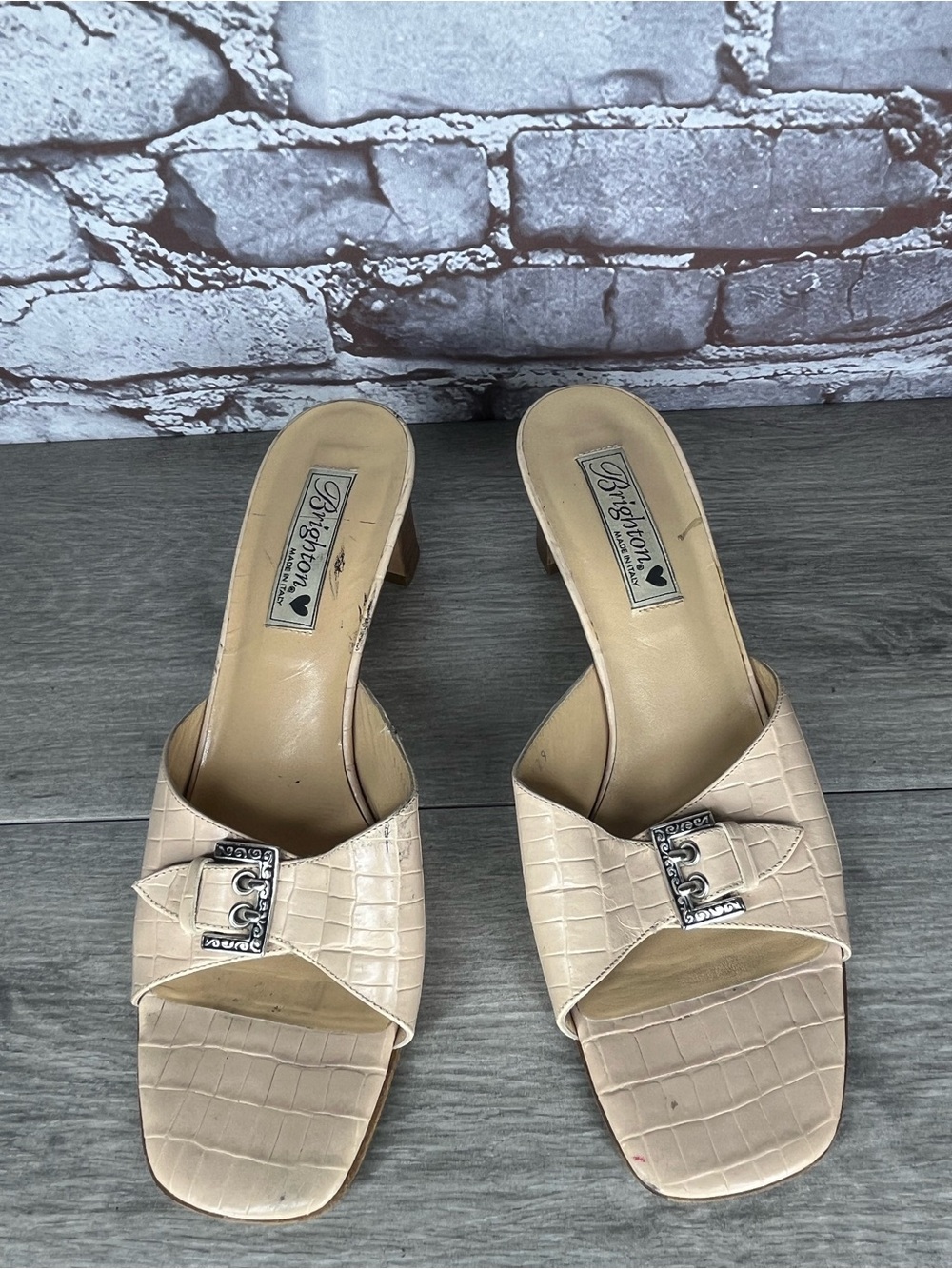 Brighton Tyler Cream Croc Embossed Strap Heeled Sandals Women’s Sz 10M US/41EU